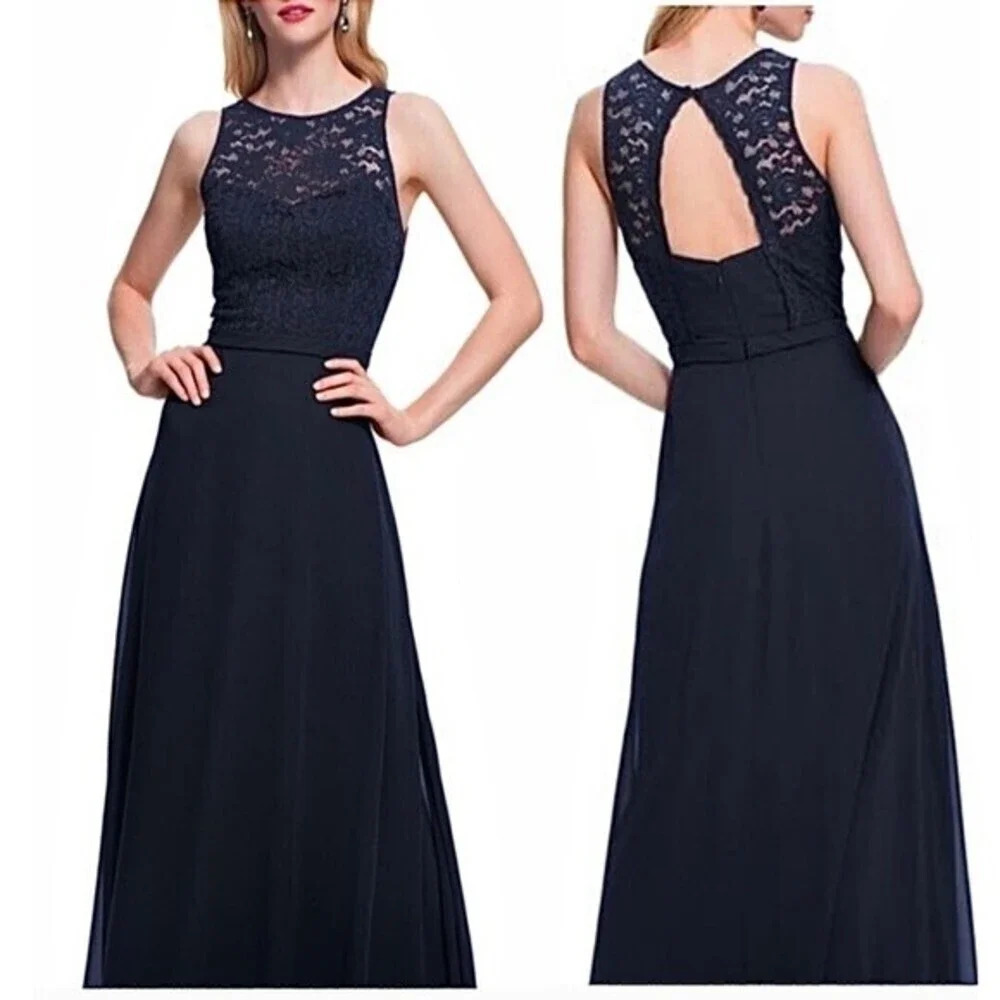 NEW, Bill Levkoff, 7027 Lace Chiffon Dress,‎ Navy